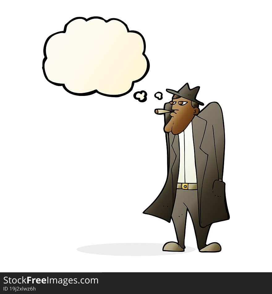 cartoon man in hat and trench coat with thought bubble