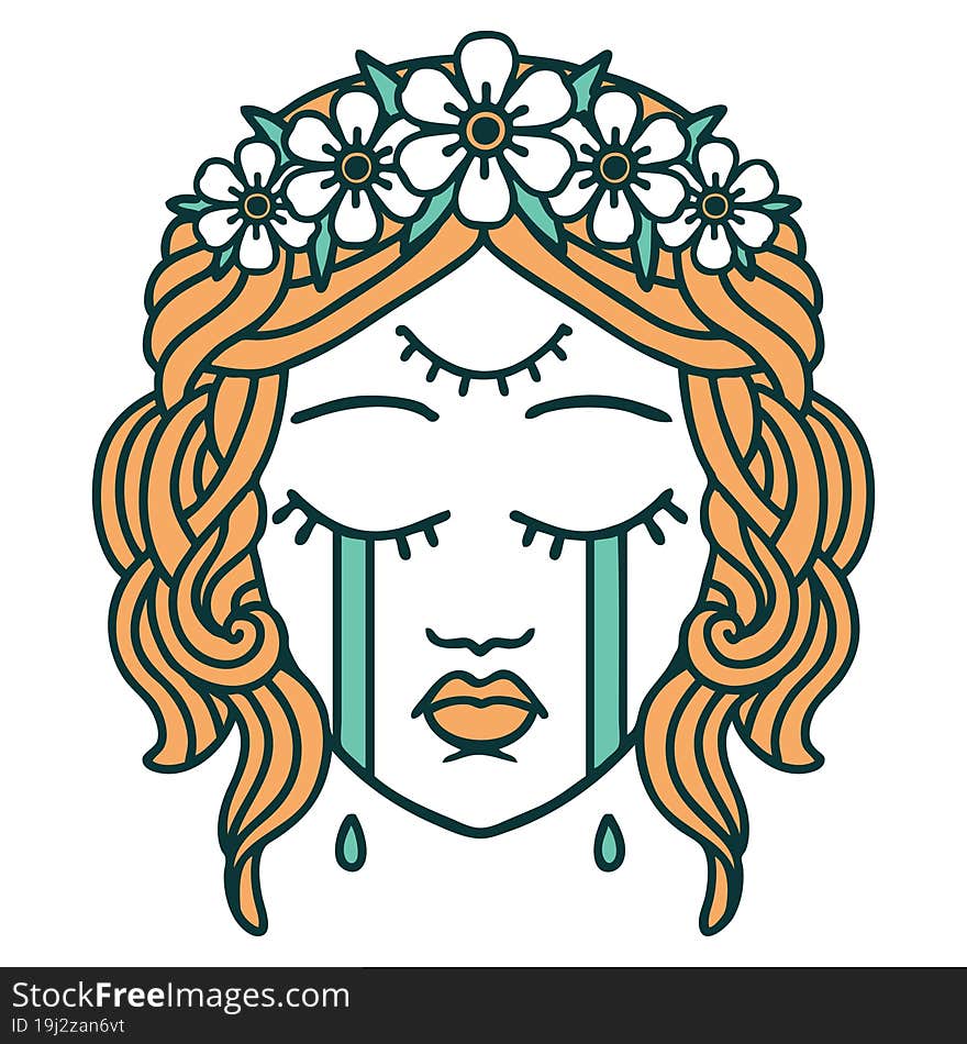 iconic tattoo style image of female face with third eye and crown of flowers cyring. iconic tattoo style image of female face with third eye and crown of flowers cyring