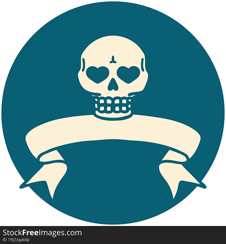 tattoo style icon with banner of a skull