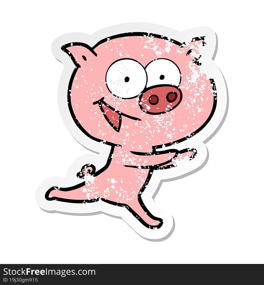 distressed sticker of a cheerful pig cartoon