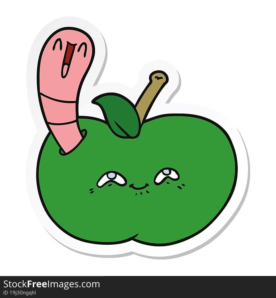 sticker of a cartoon worm in happy apple