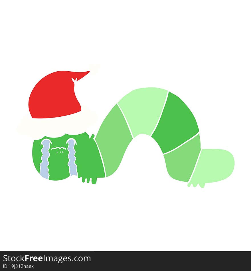 flat color illustration of a caterpillar obsessing over his regrets wearing santa hat