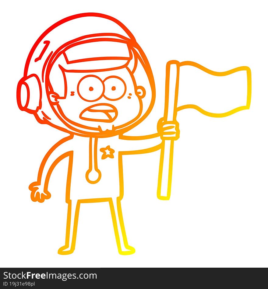 Warm Gradient Line Drawing Cartoon Surprised Astronaut Waving Flag