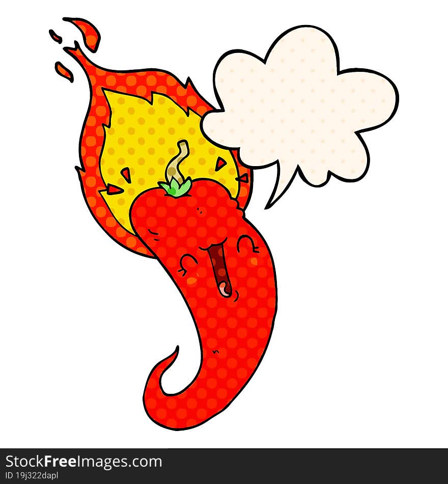 cartoon flaming hot chili pepper and speech bubble in comic book style