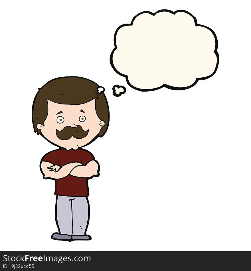 cartoon manly mustache man with thought bubble