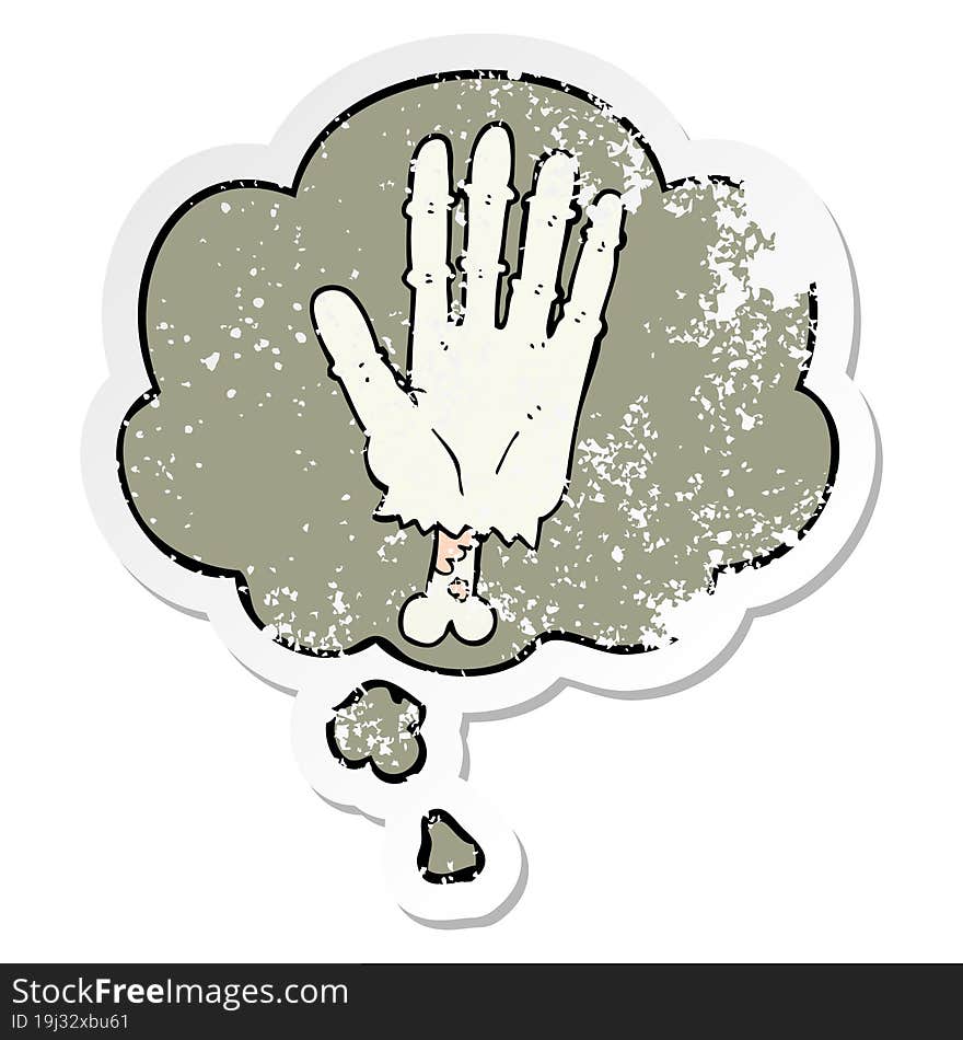 cartoon zombie hand with thought bubble as a distressed worn sticker