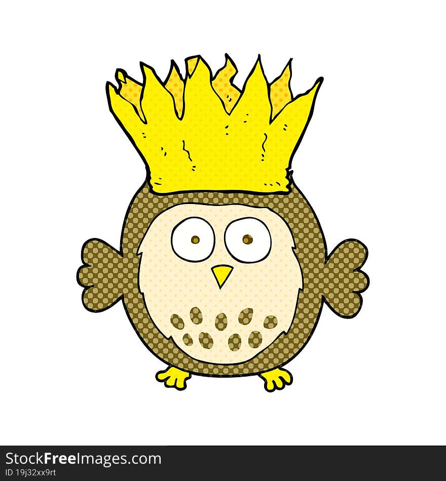 freehand drawn cartoon owl wearing paper crown christmas hat