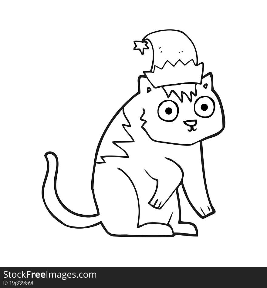 freehand drawn black and white cartoon cat wearing christmas hat