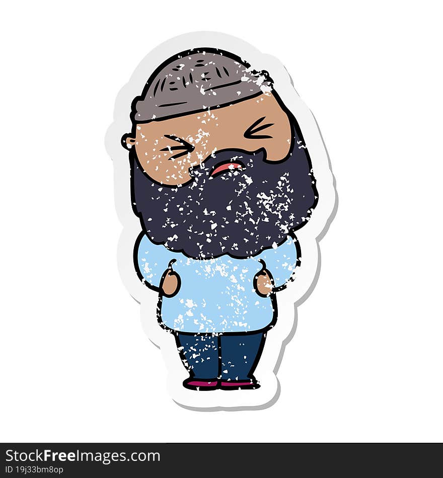 distressed sticker of a cartoon man with beard