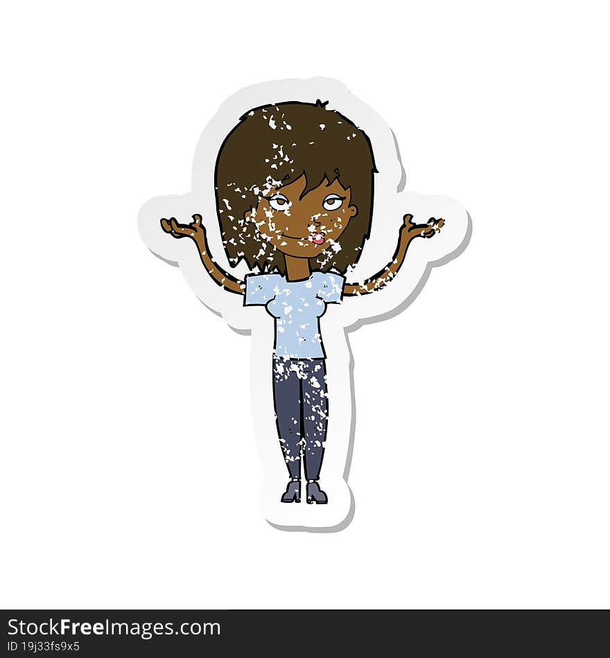 retro distressed sticker of a cartoon woman shrugging