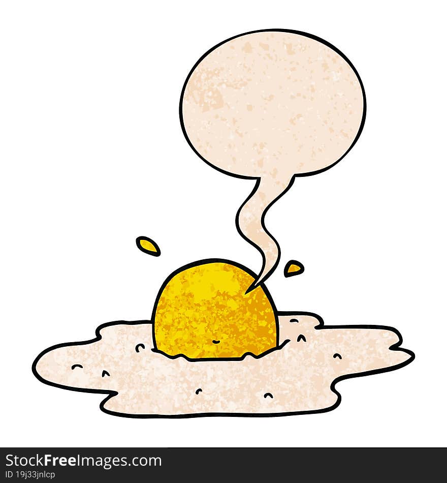 cartoon fried egg with speech bubble in retro texture style