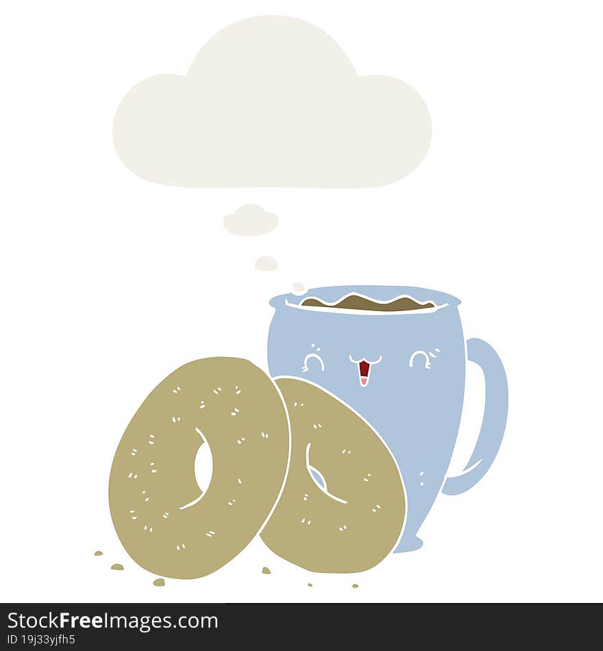 Cartoon Coffee And Donuts And Thought Bubble In Retro Style