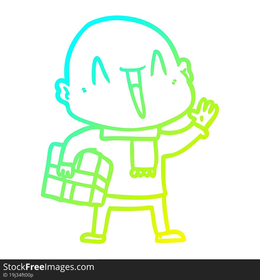 cold gradient line drawing of a happy cartoon bald man