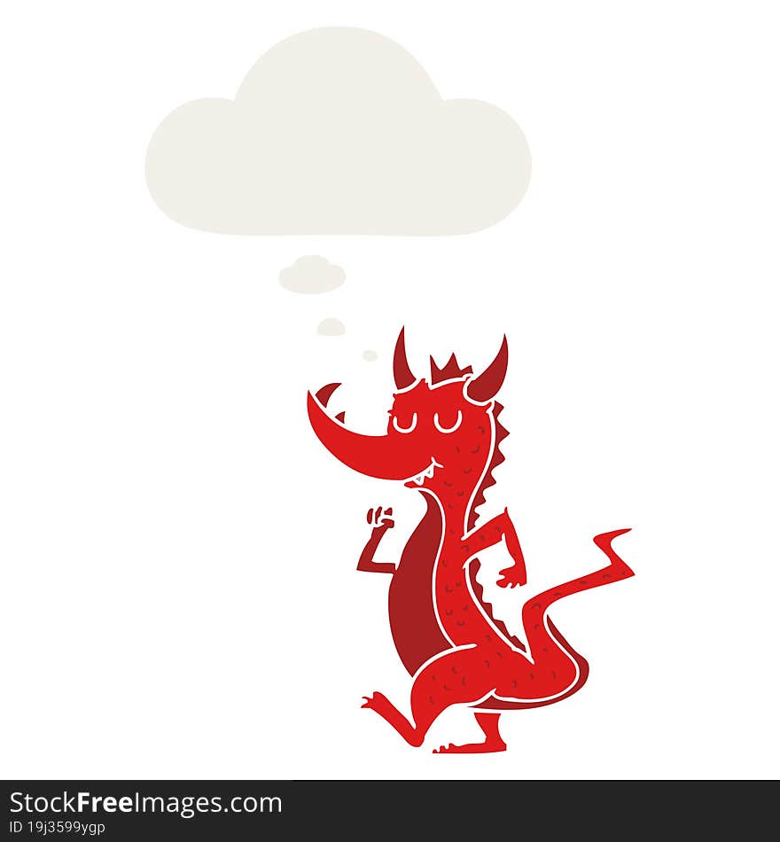 cartoon cute dragon with thought bubble in retro style