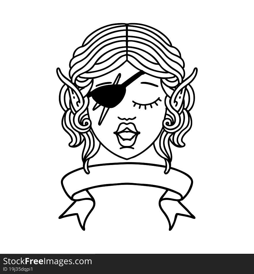 Black and White Tattoo linework Style elf rogue character face with banner. Black and White Tattoo linework Style elf rogue character face with banner