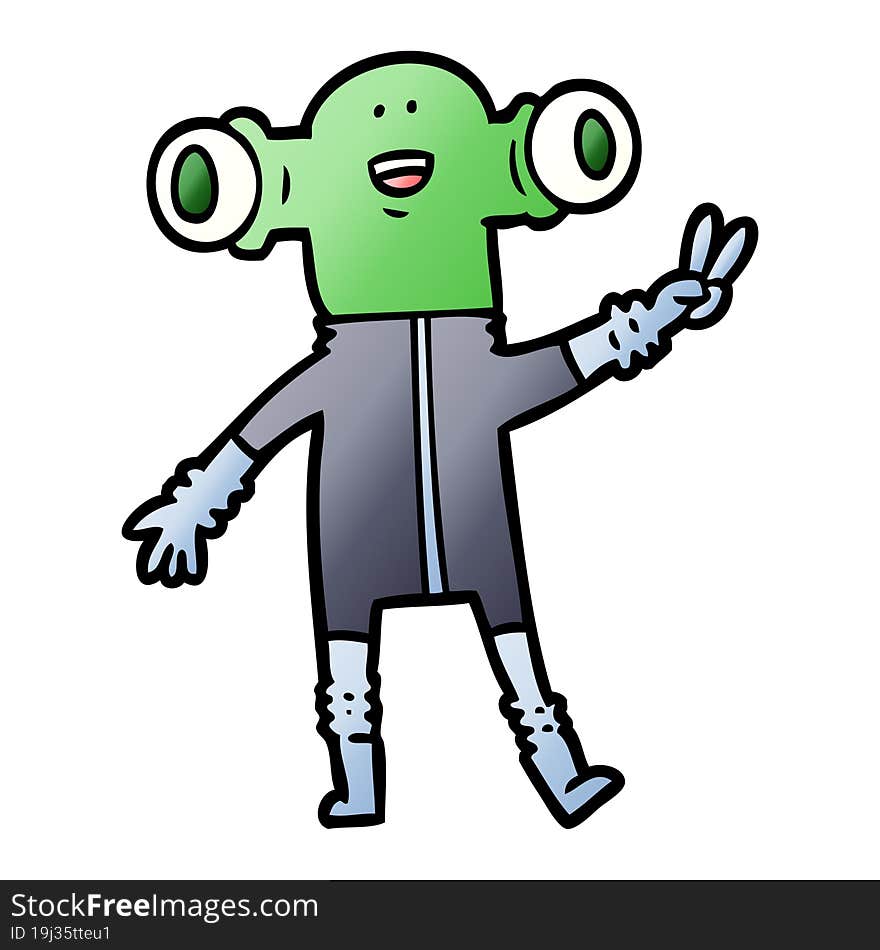 friendly cartoon alien giving peace sign. friendly cartoon alien giving peace sign