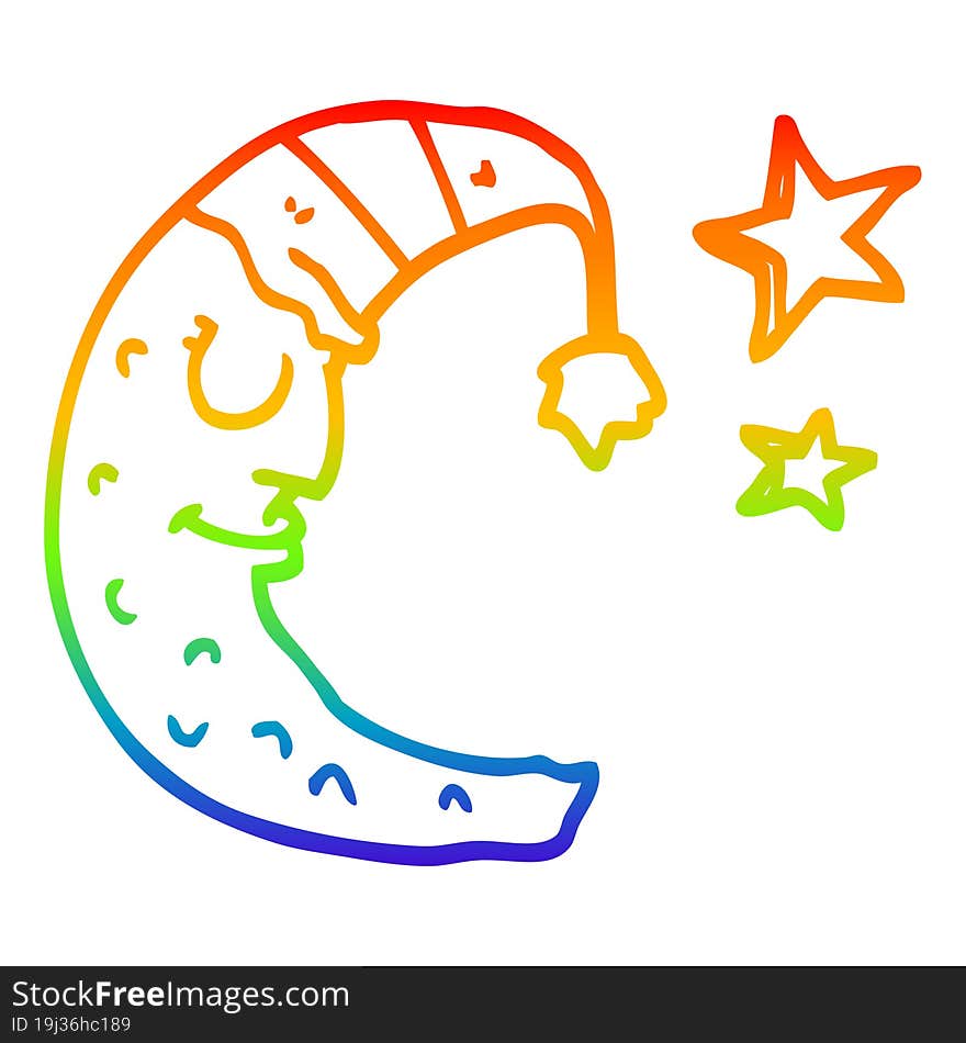 rainbow gradient line drawing cartoon moon with sleeping cap