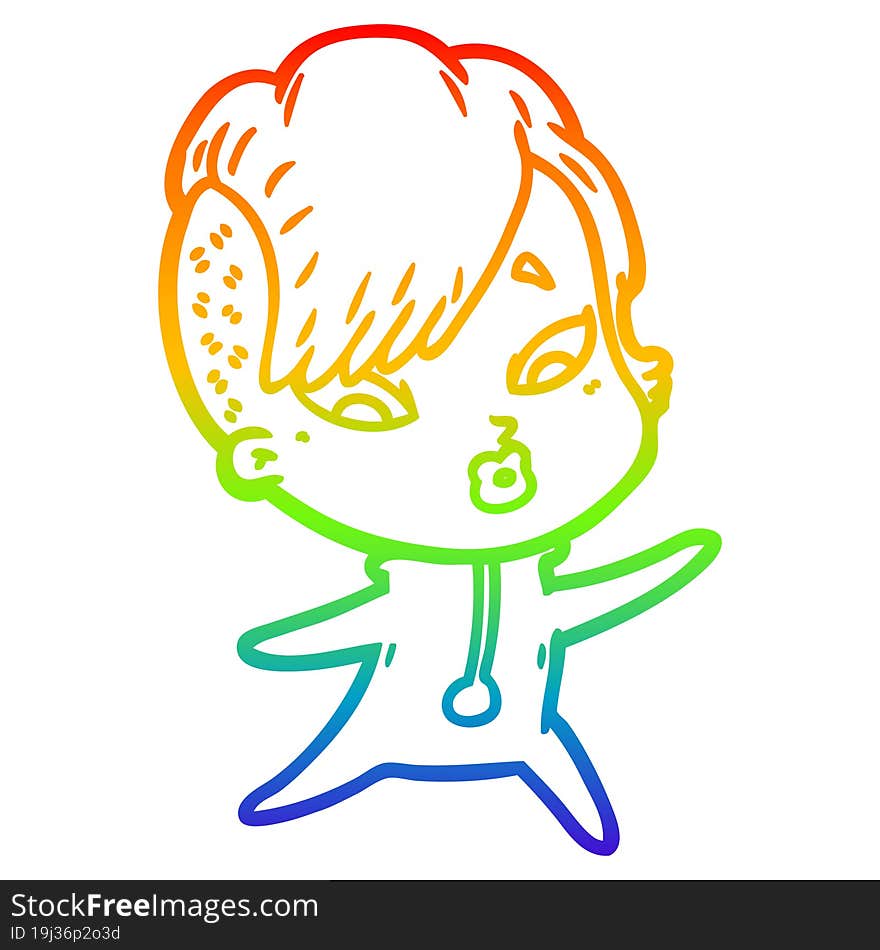 rainbow gradient line drawing cartoon surprised girl in science fiction clothes