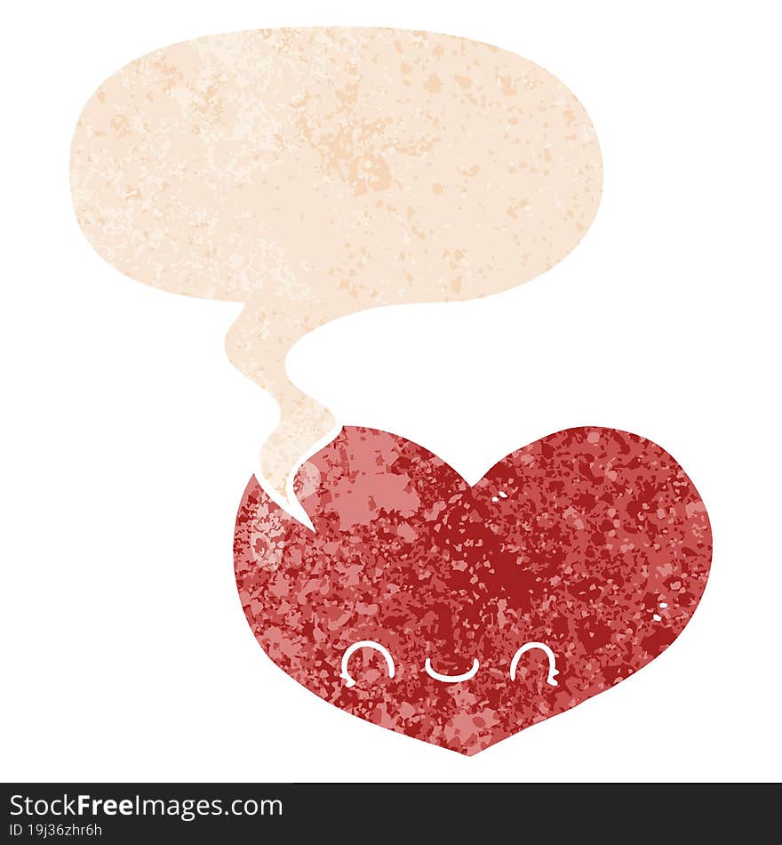 cartoon love heart character and speech bubble in retro textured style