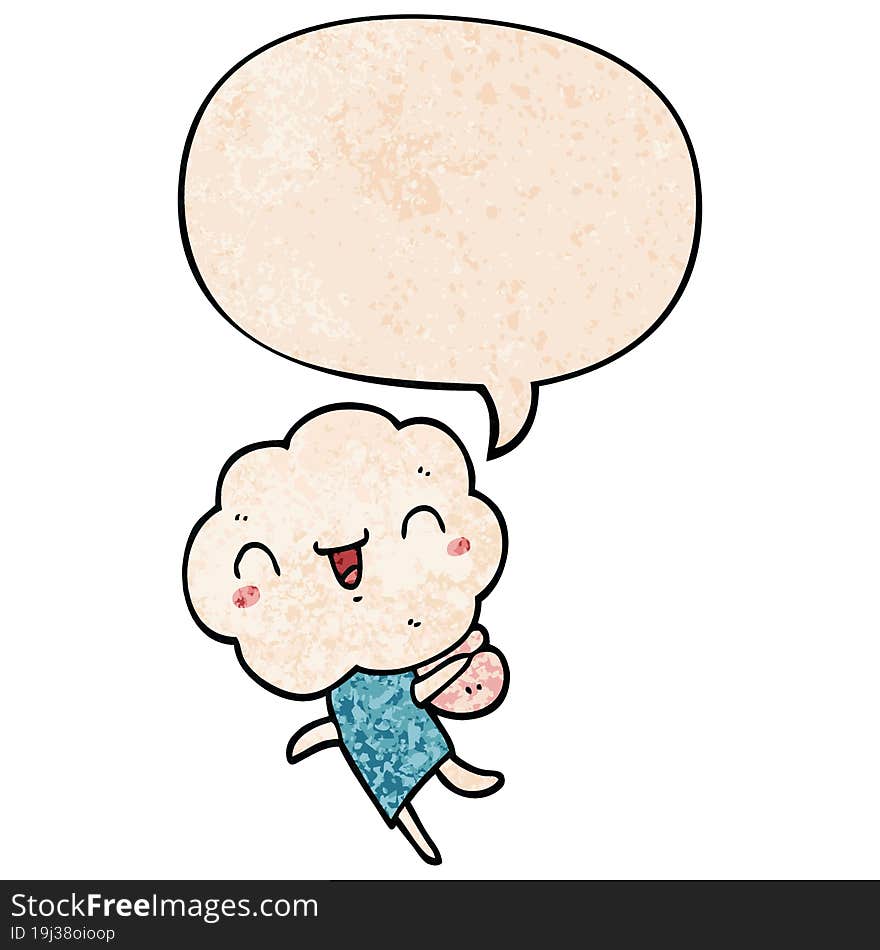 cute cartoon cloud head creature and speech bubble in retro texture style