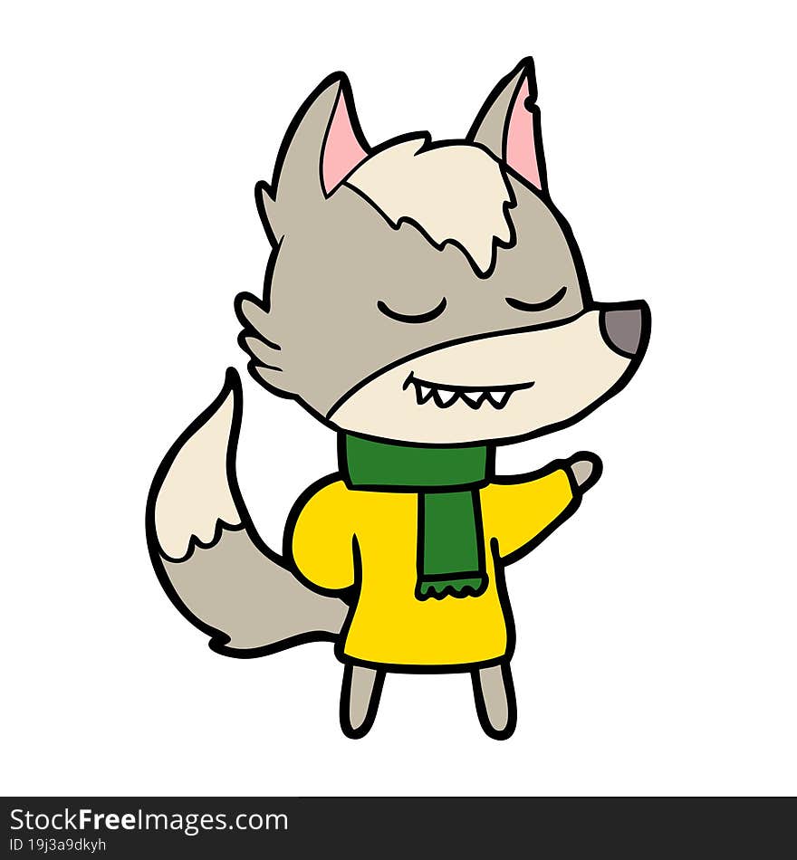 friendly cartoon wolf wearing scarf. friendly cartoon wolf wearing scarf