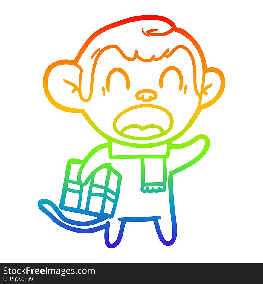 rainbow gradient line drawing shouting cartoon monkey carrying christmas gift