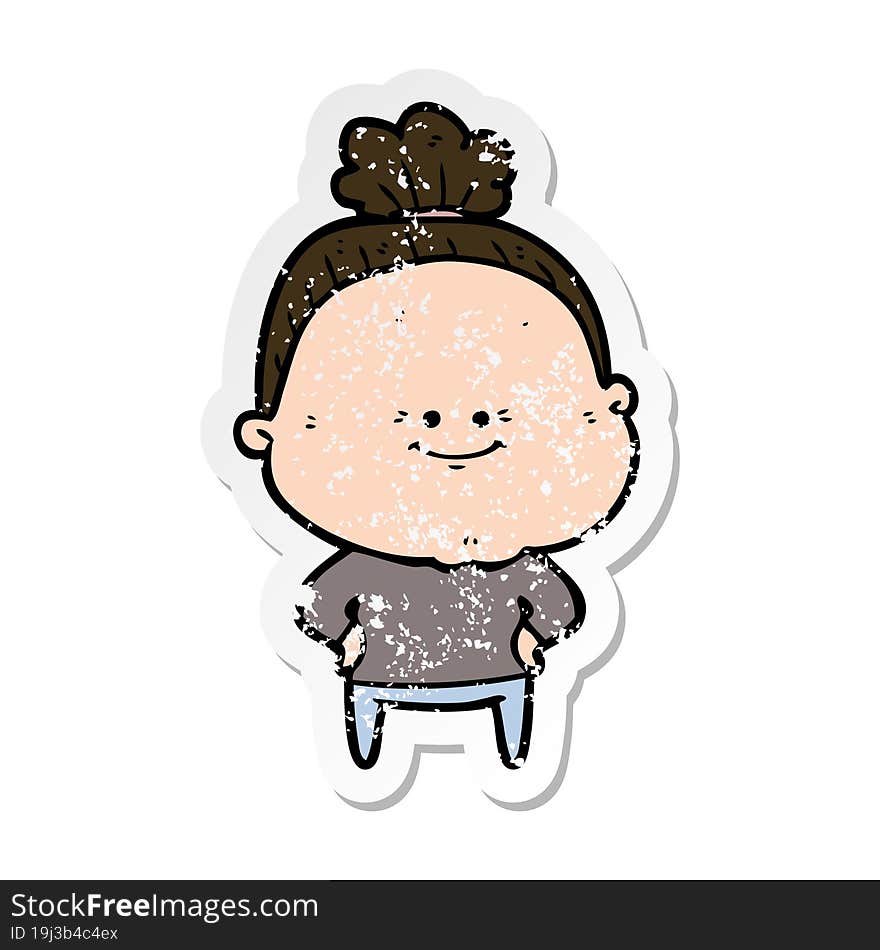 distressed sticker of a cartoon happy old woman