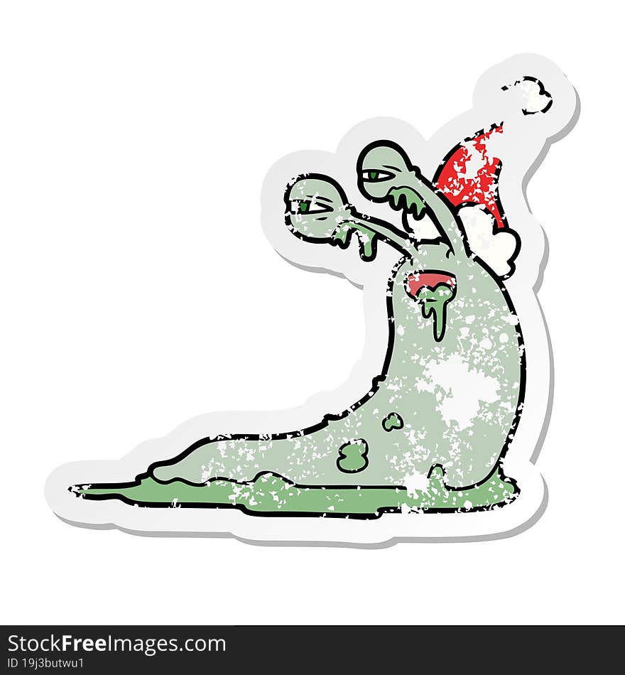 gross distressed sticker cartoon of a slug wearing santa hat