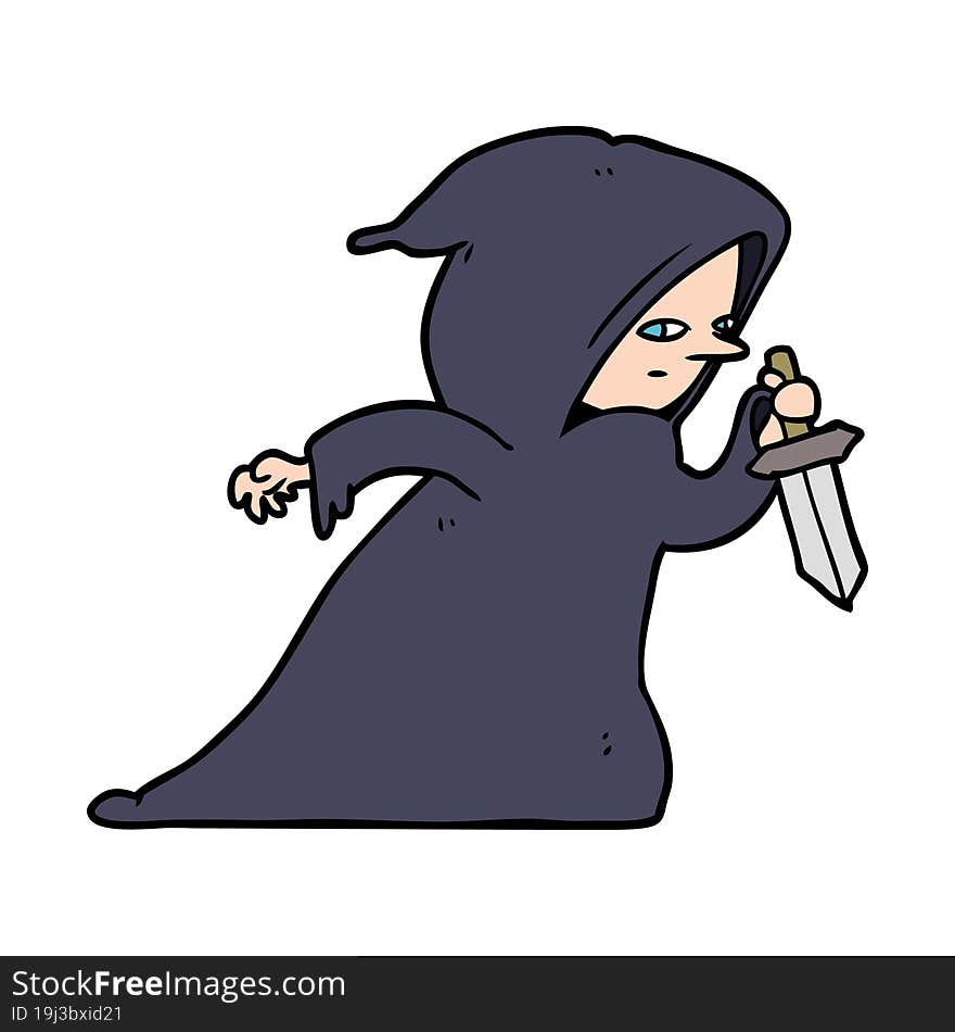 cartoon assassin in dark robe. cartoon assassin in dark robe