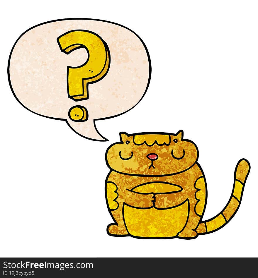 Cartoon Cat And Question Mark And Speech Bubble In Retro Texture Style