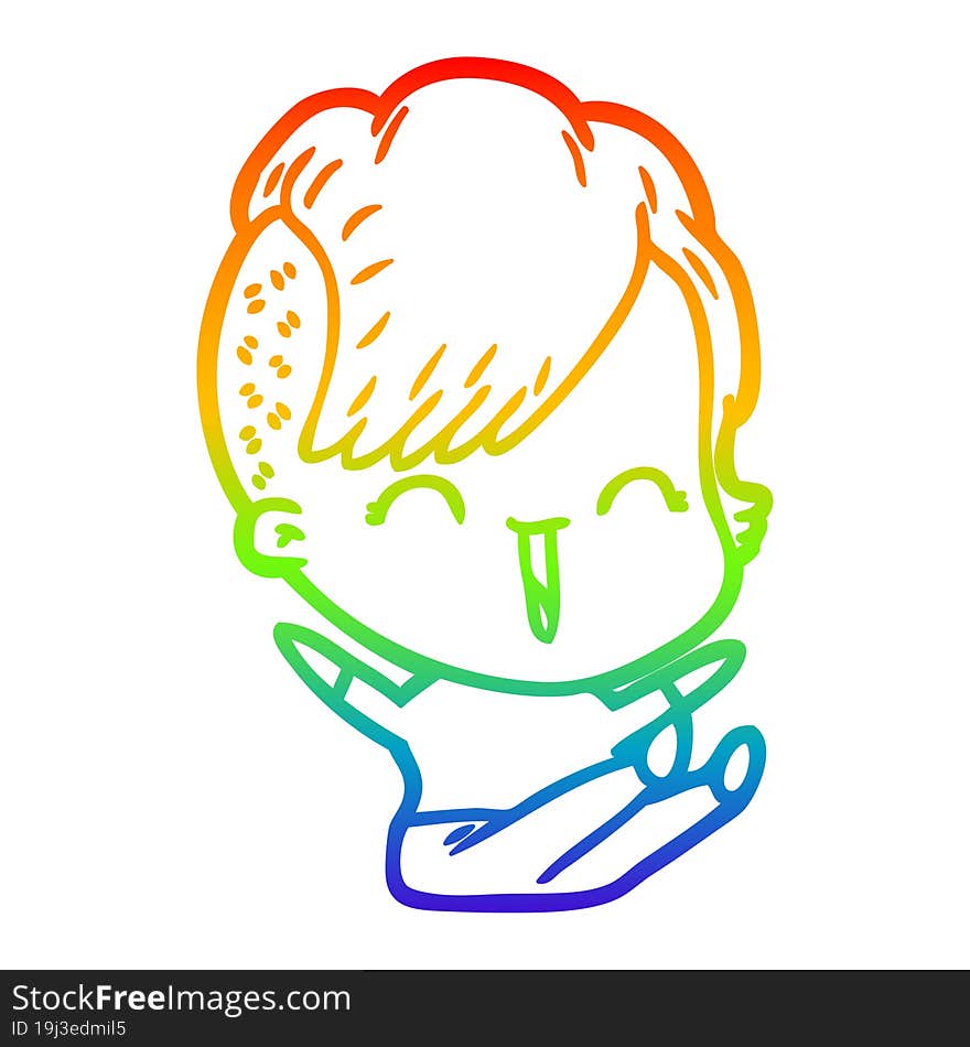 Rainbow Gradient Line Drawing Cartoon Happy Hipster Girl