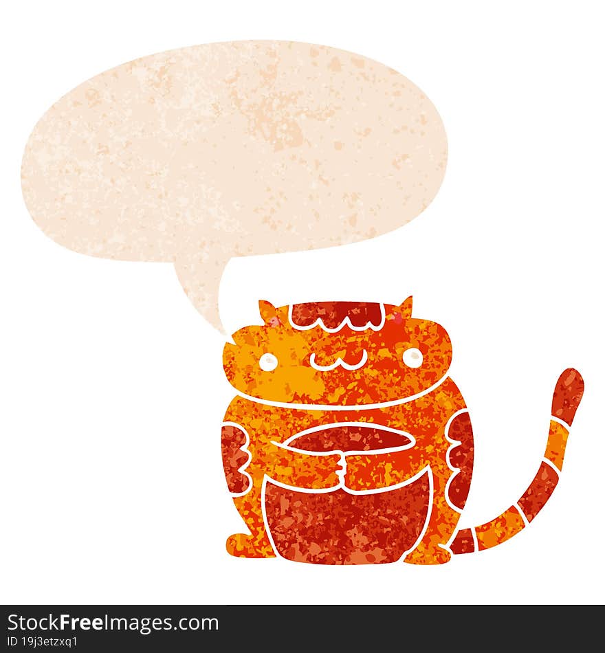 cute cartoon cat and speech bubble in retro textured style