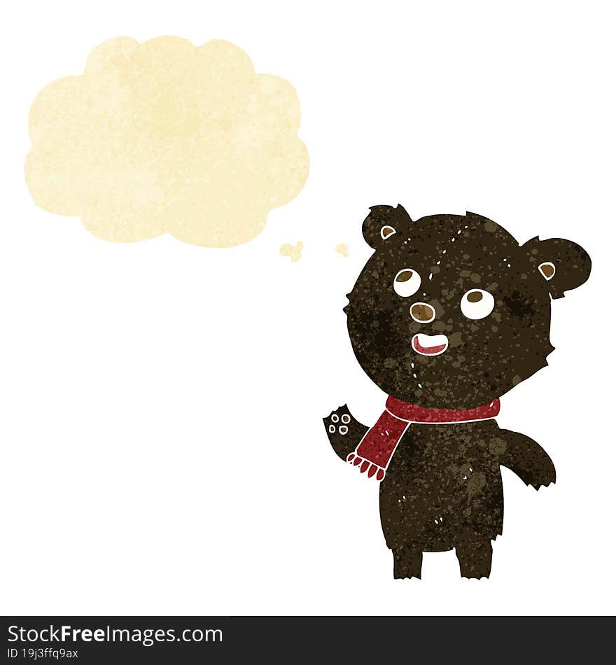 cartoon black bear wearing scarf with thought bubble