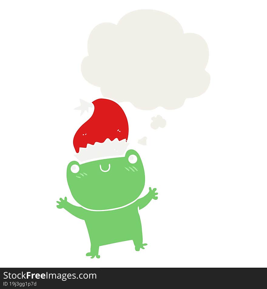 cute cartoon frog wearing christmas hat and thought bubble in retro style