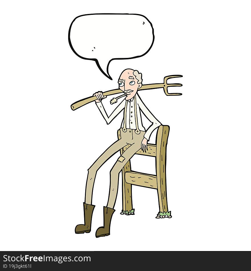 cartoon old farmer leaning on fence with speech bubble