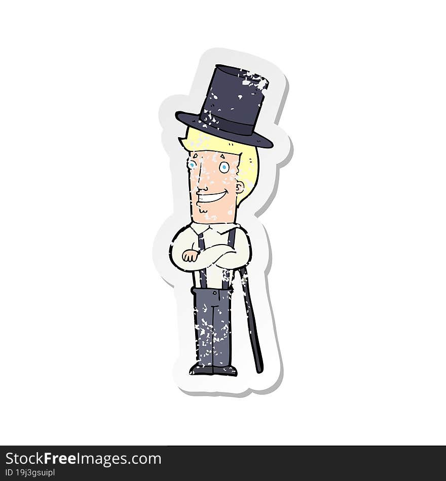 retro distressed sticker of a cartoon man wearing top hat