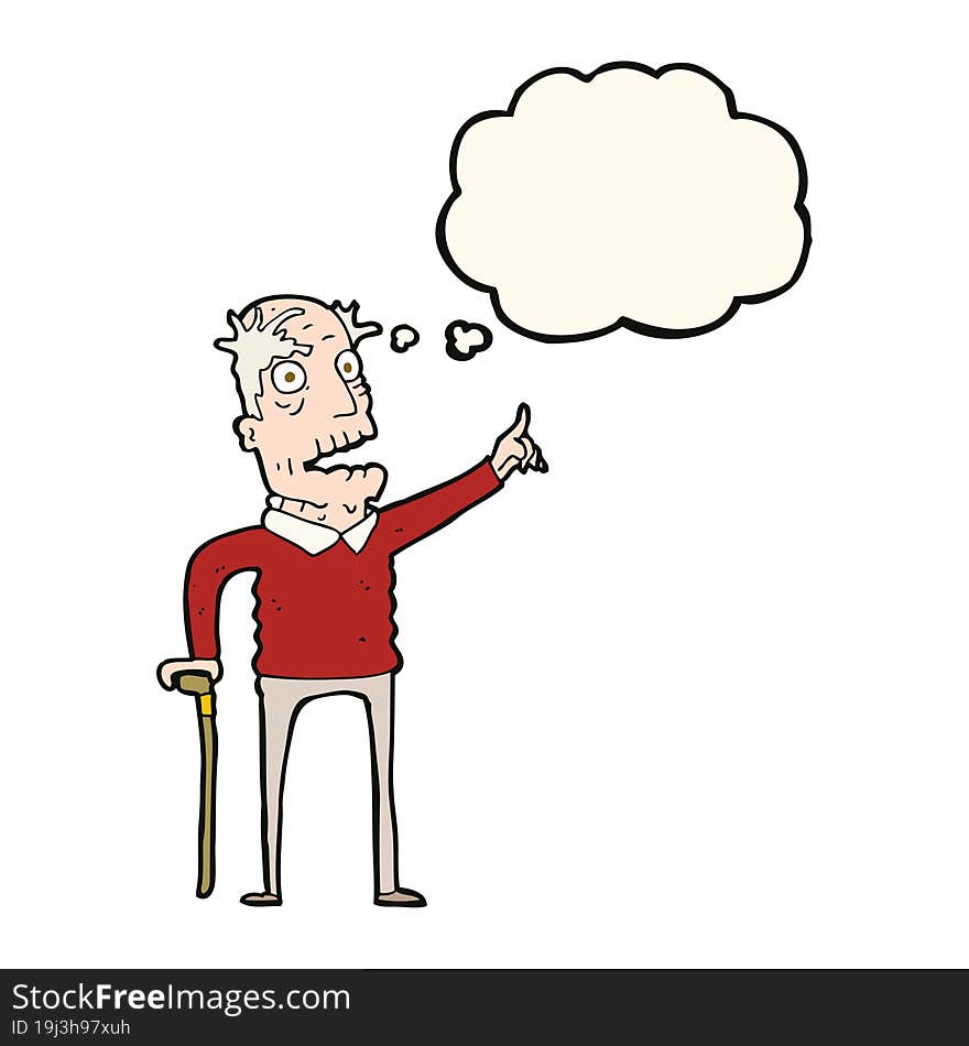 Cartoon Old Man With Walking Stick With Thought Bubble