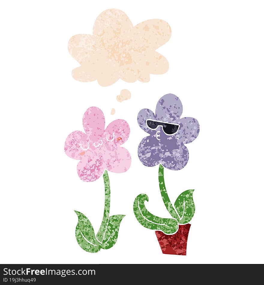 cute cartoon flower and thought bubble in retro textured style