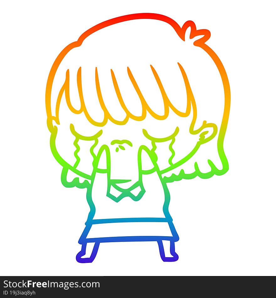 rainbow gradient line drawing of a cartoon woman crying