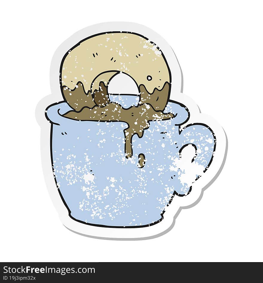 retro distressed sticker of a cartoon donut dunked in coffee