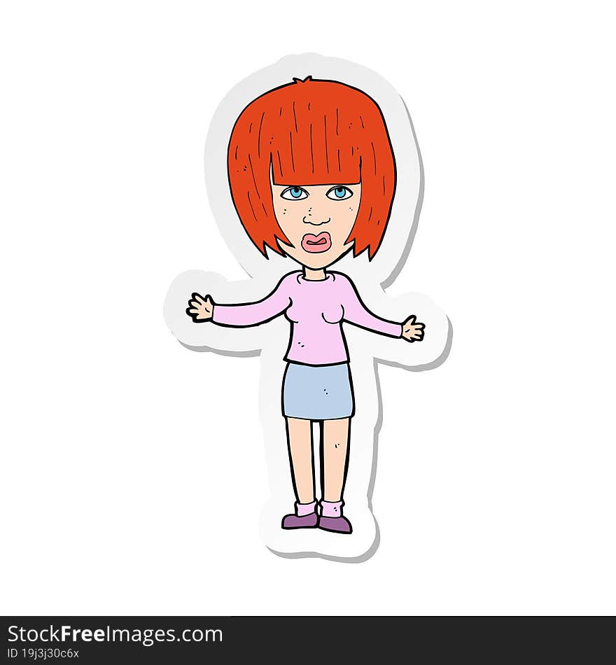 sticker of a cartoon woman shrugging shoulders