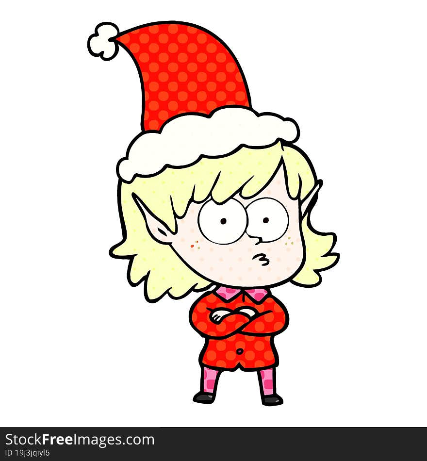 comic book style illustration of a elf girl staring wearing santa hat