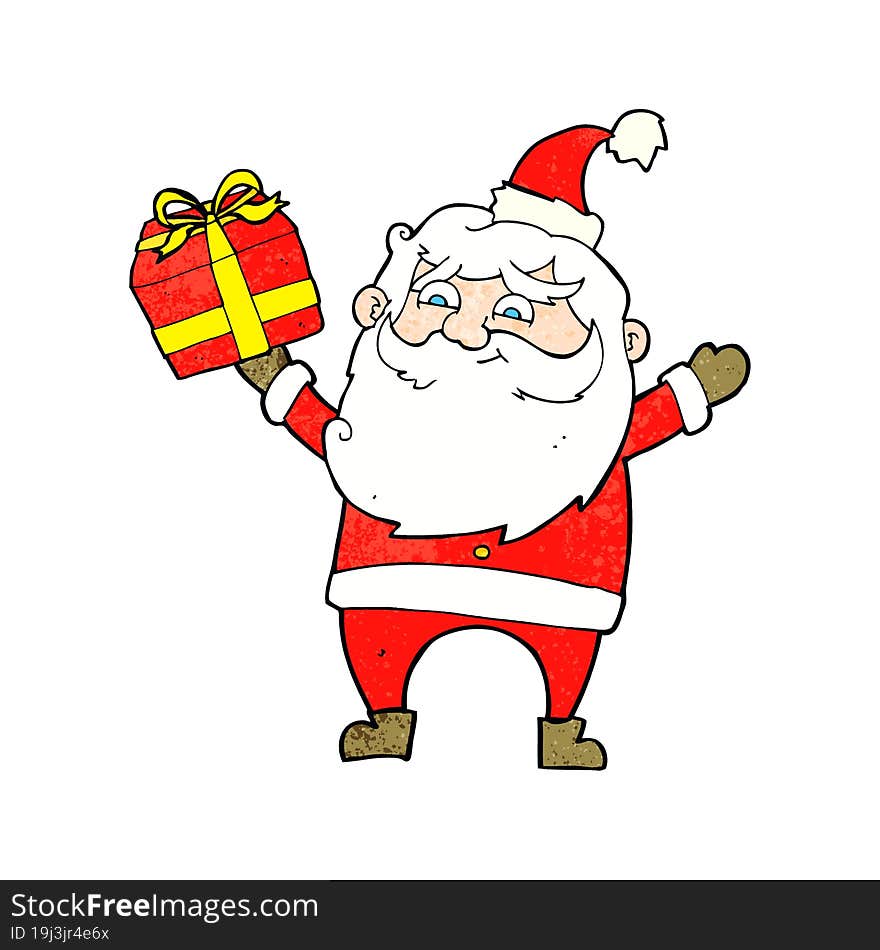 cartoon happy santa claus with present