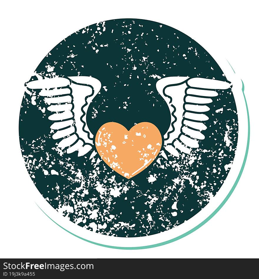 Distressed Sticker Tattoo Style Icon Of A Heart With Wings