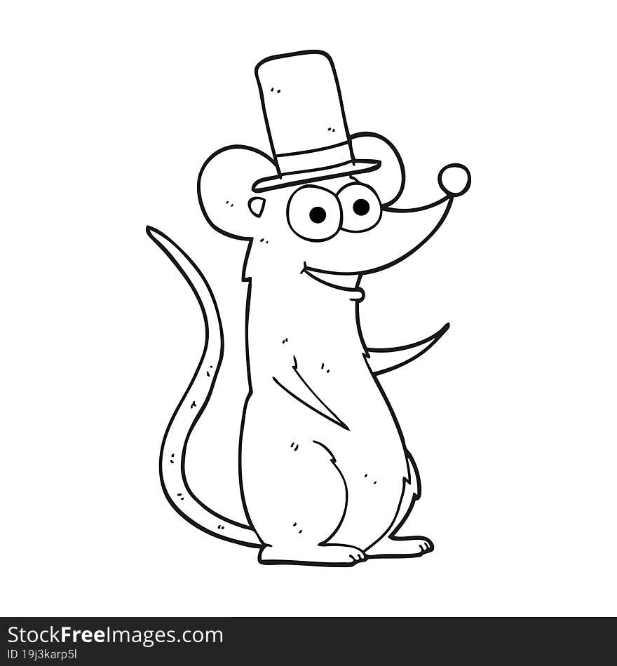 freehand drawn black and white cartoon mouse in top hat