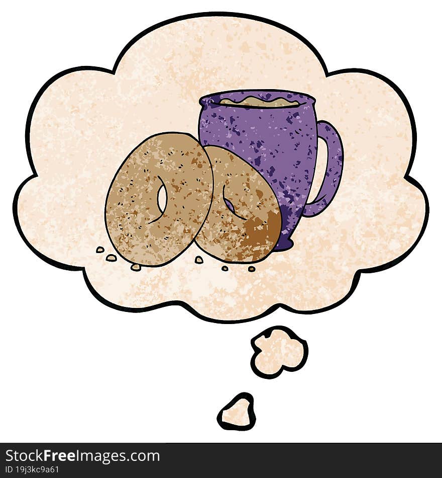 cartoon coffee and donuts and thought bubble in grunge texture pattern style