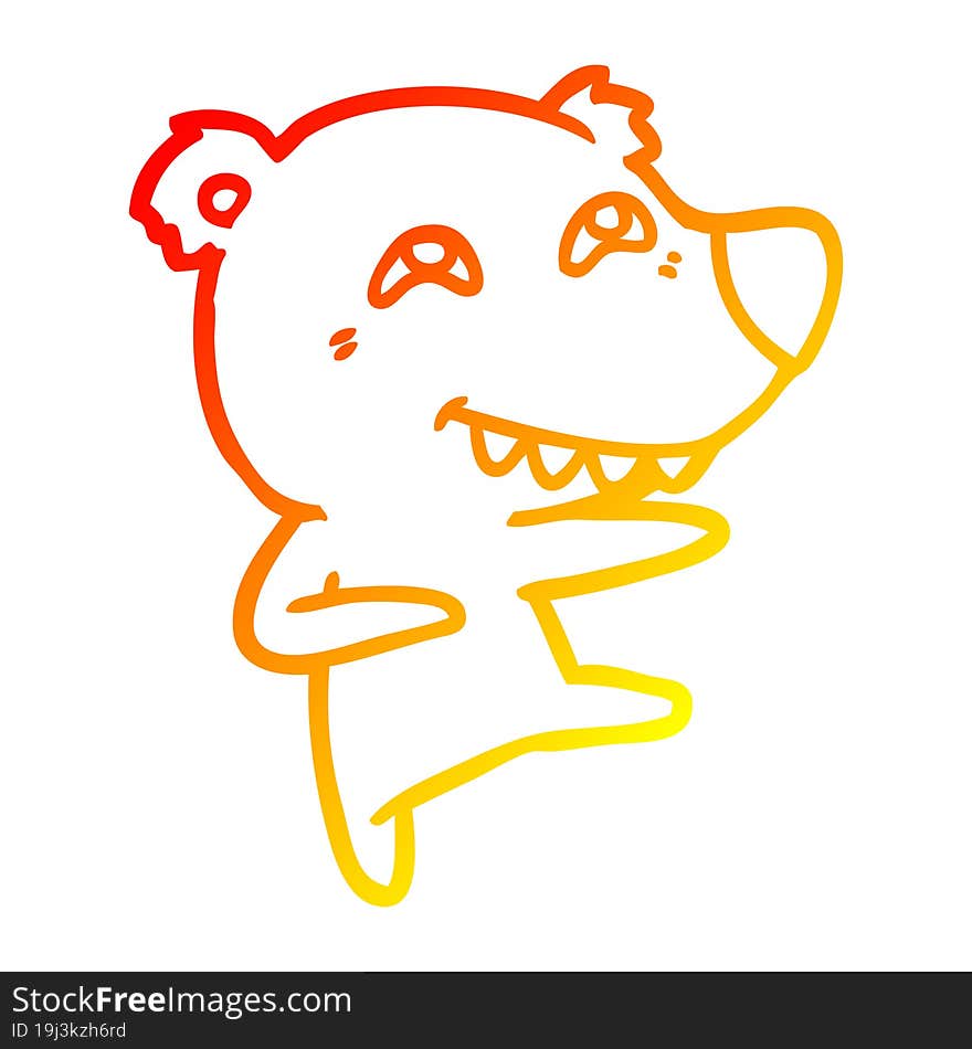 warm gradient line drawing cartoon bear showing teeth while dancing