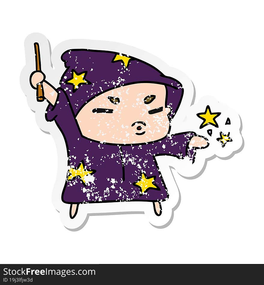 Distressed Sticker Cartoon  Cute Kawaii Wizard Child