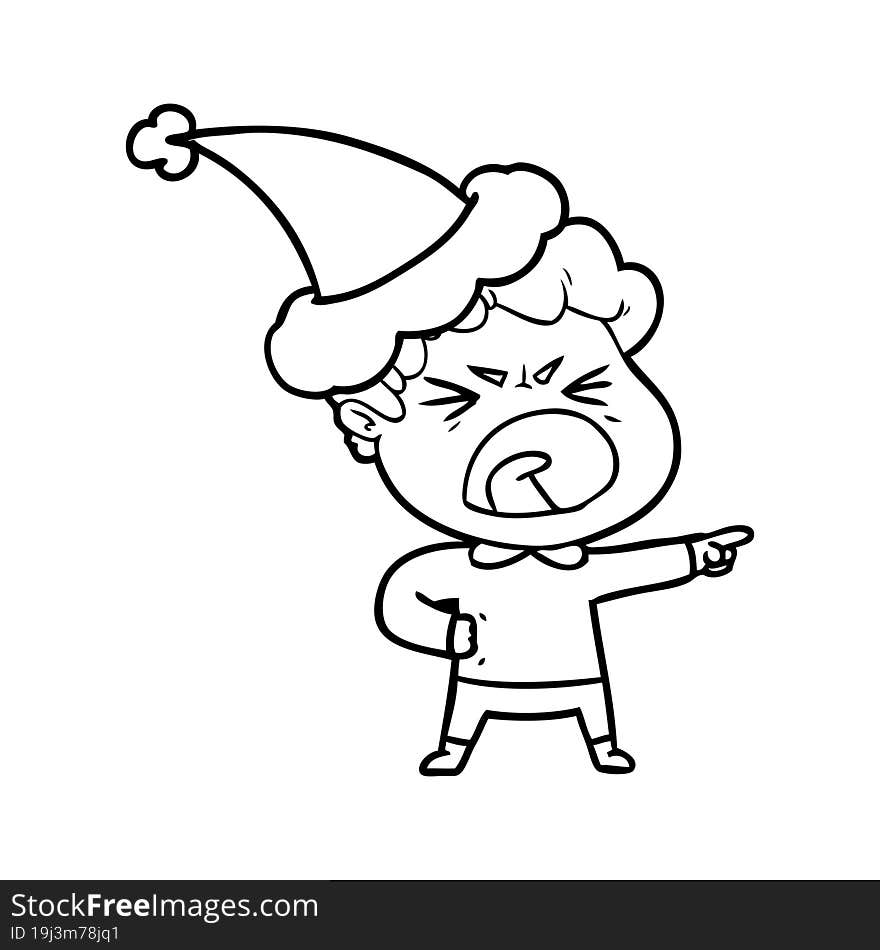 line drawing of a furious man wearing santa hat