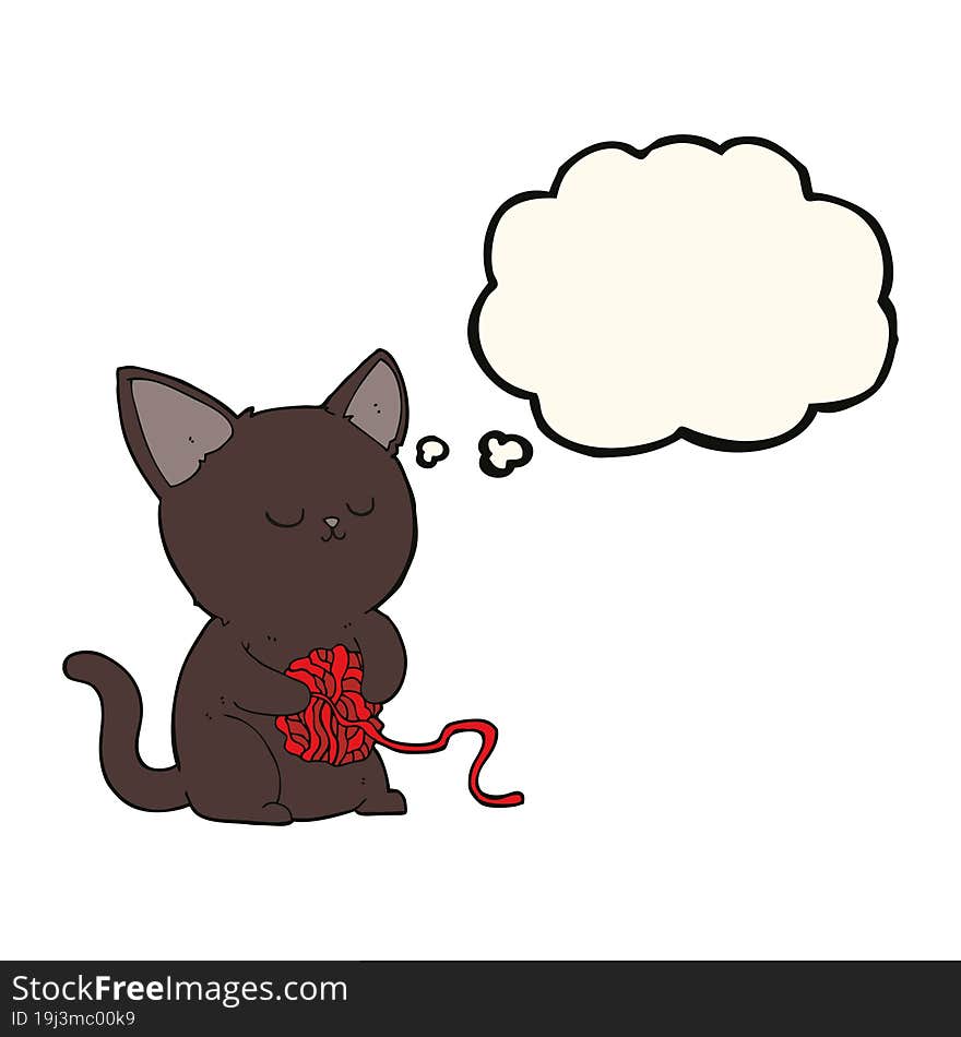 Cartoon Cute Black Cat Playing With Ball Of Yarn With Thought Bubble